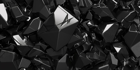 Black abstract of chaotic polygonal shapes. Futuristic background with polygonal shapes. 3d rendering - obrazy, fototapety, plakaty