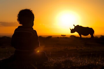 child observing rhino in distance at sunset