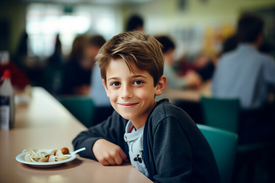Happy school children in dinner place highschool canteen lunch break Generative AI picture