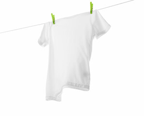 One t-shirt drying on washing line isolated on white, low angle view