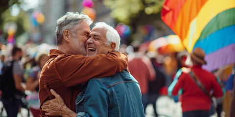 Portrait of mature gay men hugging at LGBT Pride. The backdrop of pride and rainbow flags