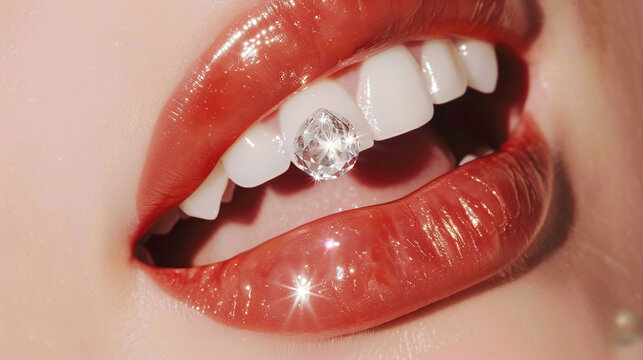 Teeth decoration, diamond or rock crystal on the snow-white teeth of girl with beautiful lips and an open mouth. Concept of beauty, fashion, dental services