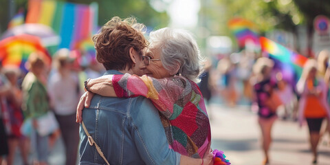 Obraz premium Portrait of mature lesbian women hugging at LGBT Pride. The backdrop of pride and rainbow flags