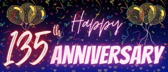135th anniversary neon calligraphy text and number. Confetti and balloon isolated on elegant blue gradient background, sparkle, design for greeting card, print. One hundred thirty five anniversary