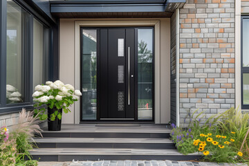Modern Black Exterior Door With 3 Frosted Glass Panels and Sidelights