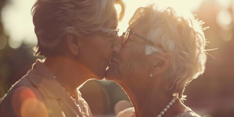 Portrait of mature lesbian women kissing on the street illuminated by the sun. LGBT elderly couple