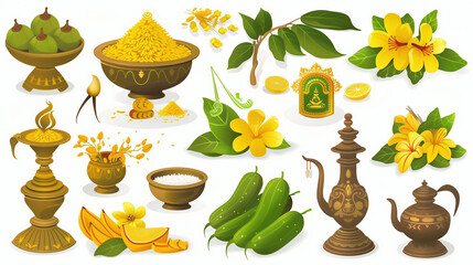 set of Vishu a cartoon characters and design elements. A special puja is held during which various products are offered in bronze uruli vessels: rice, linen, cucumbers, betel leaves, betel nuts, speci - obrazy, fototapety, plakaty