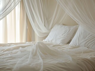 Fototapeta na wymiar A white bed with a white canopy and white pillows