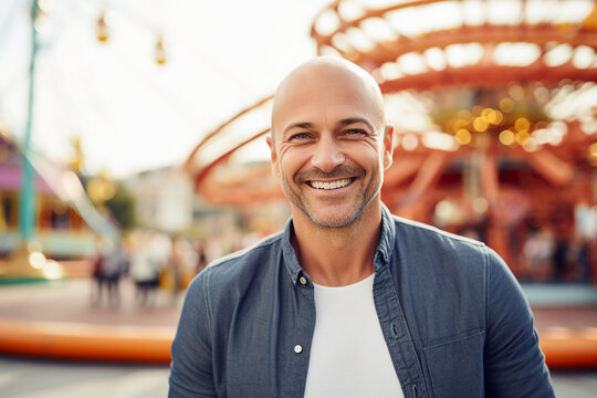 Generated AI Picture Of Happy Crazy Man On A Rollercoaster On Summer Vacation Enjoying Fun In Amusement Park