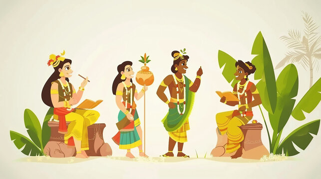 set of Vishu a cartoon characters and design elements. reading passages from the Ramayana