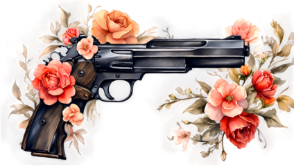 gun, revolver with flowers , watercolor illustration, png on transparent background