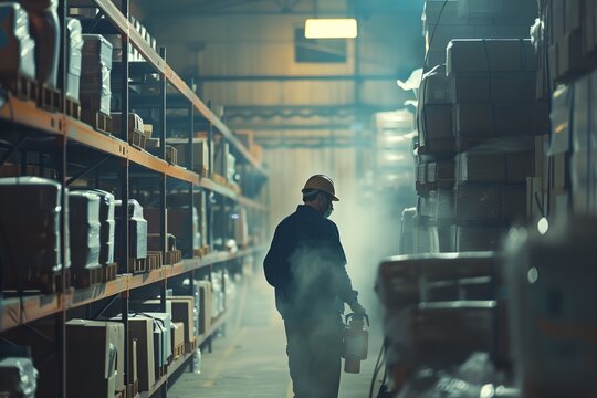 A Man In A Hard Hat Is Walking Through A Warehouse With Boxes Stacked On Shelves