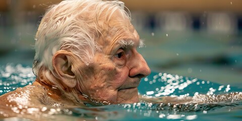 Senior swimming laps in an indoor pool, a close-up capturing the determination and strength , concept of Fitness training