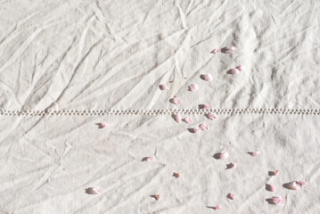Spring natural linen background with flower petals. Spring vibrations, tenderness and sunny morning light, romantic mood. Eco linen, sustainable development. Romantic still life 