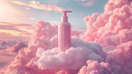 A serene 3D rendering of a pastel pink cosmetic container nestled on a soft, cloudlike platform, its elegant lotion bottle with pump illuminated by a gentle, diffused light, perfect for a soothing pro - obrazy, fototapety, plakaty