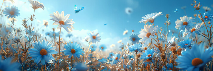A beautiful meadow with daisies, blue and white butterflies flying in the air, Nature landscape with white flowers on green grass field. Spring concept, - obrazy, fototapety, plakaty