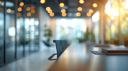 A blurred office conference room with large glass windows, blurred modern office meeting room interior
