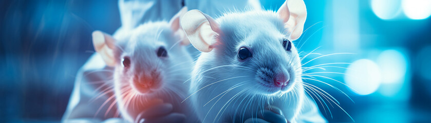 Laboratory mice in the hand of a scientist in a white coat close up - obrazy, fototapety, plakaty