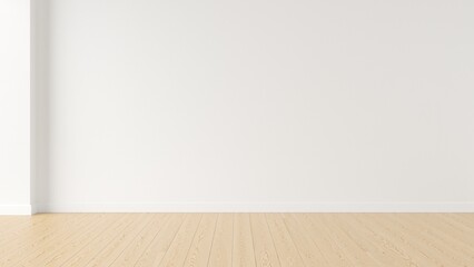 Interior white wall background with wooden floor. Empty space for products presentation or text for advertising. 3d rendering - obrazy, fototapety, plakaty