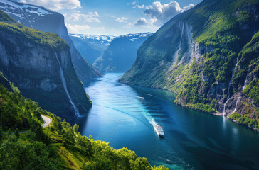 A panoramic view of the fjord, showcasing its majestic mountains and deep blue waters. A cruise ship is seen sailing along one side as it passes by waterfalls cascading down green hillsides - Powered by Adobe