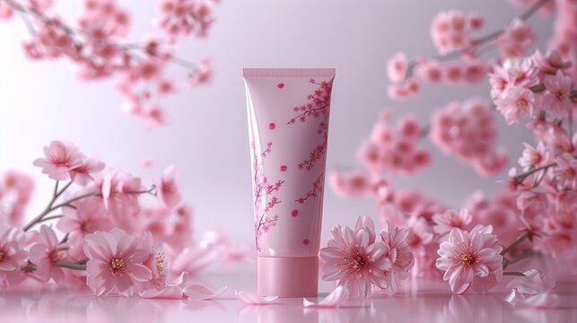 A vibrant 3D rendering capturing the essence of a blank cosmetic tube, adorned with subtle sakura cherry blossom motifs, placed against a clean, white background to emphasize its grace and the transie