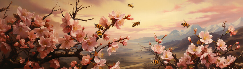 Bees are busy workers collecting nectar from flowers. - obrazy, fototapety, plakaty