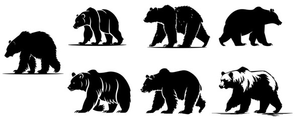 bear silhouette collection. Set of black bear silhouette. Big Bundle, isolated on transparent background, Vector Designs - obrazy, fototapety, plakaty