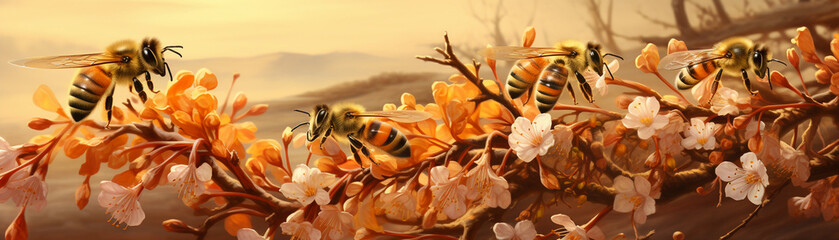Bees are busy workers collecting nectar from flowers. - obrazy, fototapety, plakaty