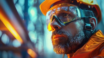 Obraz na płótnie Canvas Focused Worker with Safety Helmet and Goggles Close-up of a concentrated male worker in protective gear with reflective safety goggles and helmet illuminated by ambient industrial light. 
