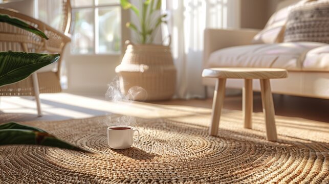 An empty living room with a steaming cup of tea on a side table and a woven rug, inviting relaxation. 