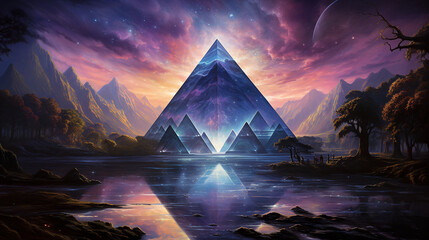 Envision an iridescent shimmer cascading across a surreal pyramid