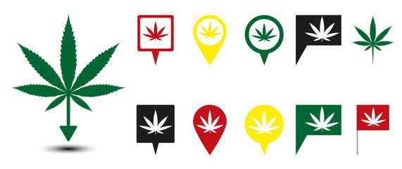 set of map pin icons with cannabis hemp symbol, flat vector design, transparent background