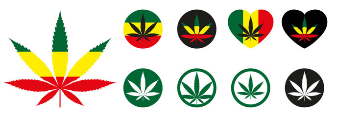 set of badges and logo elements with cannabis hemp symbol, flat vector design, transparent background