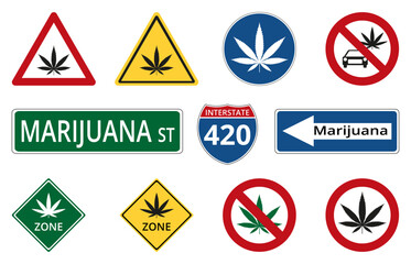 Cannabis hemp road signs, flat vector design. Marijuana icons on geometric shapes, transparent background