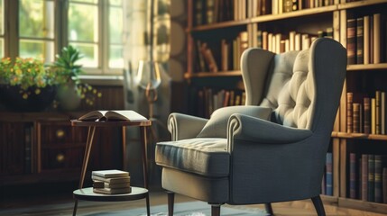 A reading nook with a comfortable chair and a book open on a side table, a perfect spot for solitude.  - obrazy, fototapety, plakaty