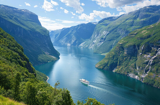 A panoramic view of the fjord, showcasing its majestic mountains and deep blue waters. A cruise ship is seen sailing along one side as it passes by waterfalls cascading down green hillsides