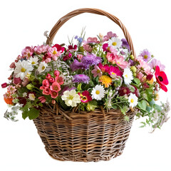 Fototapeta na wymiar Basket of fresh flowers from a garden isolated on white background, vintage, png 