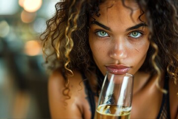 Stunning high resolution full length photographs of a multiracial girl, with unique gray eyes, dressed in fine mesh and rough leather, drinking champagne, in front of a frame with a defocused Memphis 