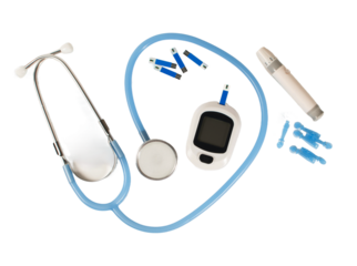Top view of a stethoscope and a set of blood glucose monitors.