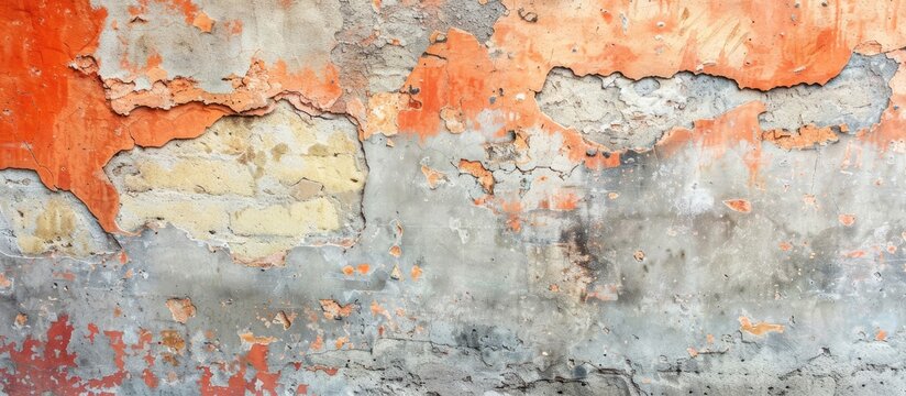 A wall covered in peeling orange and gray paint, revealing layers of texture and history. The worn surface adds character to the space.