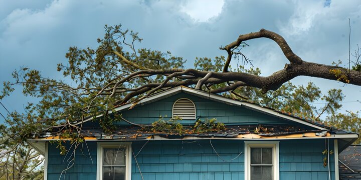 Damage to House Roof by Fallen Tree During Hurricane. Concept Insurance Claim Process, Emergency Roof Repair, Safety Precautions, Tree Removal, Preventing Future Damage