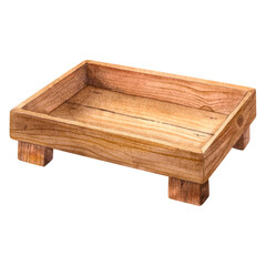 Empty wooden tray in eco-minimalistic style. Hand drawn watercolor illustration of podium showcase for eco products, cosmetics on isolated background. For postcards, Spa, weddings, Easter decor.