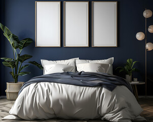 Frame mockup in cozy dark blue bedroom interior