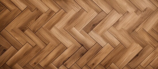 This close-up view showcases a detailed oak laminate parquet floor featuring a chevron pattern. The intricate design of the wood creates a visually appealing and structured look. - obrazy, fototapety, plakaty