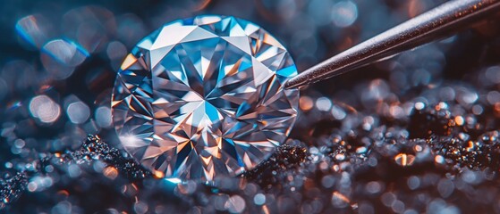 view up close of this small, priceless treasure. close-up of a sparkling gemstone crystal. elegant and pricey jewellery. colourless jewel. pristine round-shaped diamond