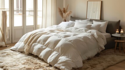 A photo of a bedroom with a thick down comforter on the bed and a fluffy rug in soft, neutral tones