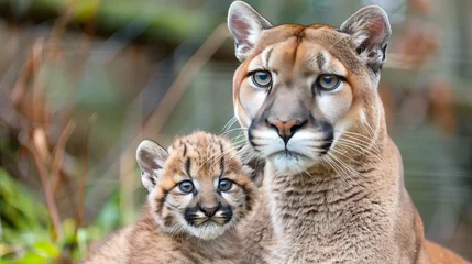  Male puma and cub portrait with empty space on left for text, object on right side © Ilja