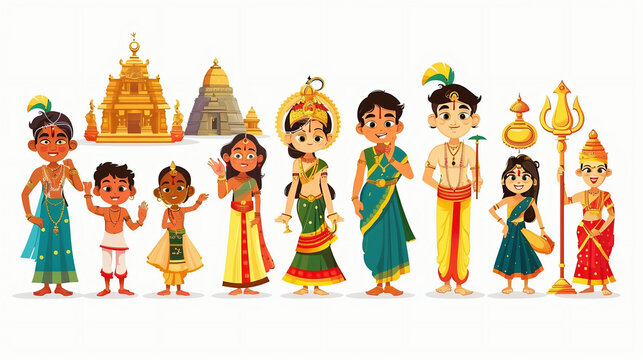 set of Vishu a cartoon characters and design elements. pilgrimage to the main temples of Kerala