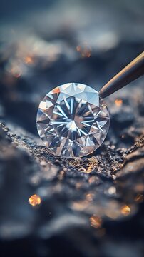 view up close of this small, priceless treasure. close-up of a sparkling gemstone crystal. elegant and pricey jewellery. colourless jewel. pristine round-shaped diamond