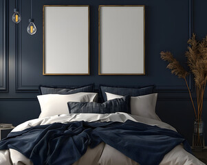 Fototapeta na wymiar cozy bedroom with blank frames on wall